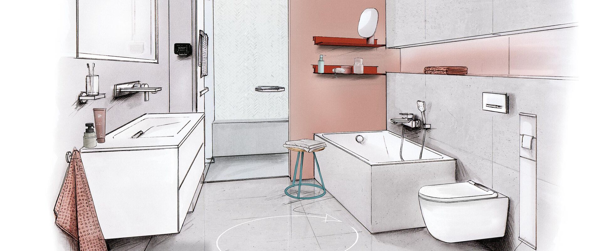 Badplanungszeichnung zu einem kleinen, schlauchförmigen Bad von Stephan Pöppelmann mit Raumsparwanne, Waschbecken, WC und begehbarer Dusche.