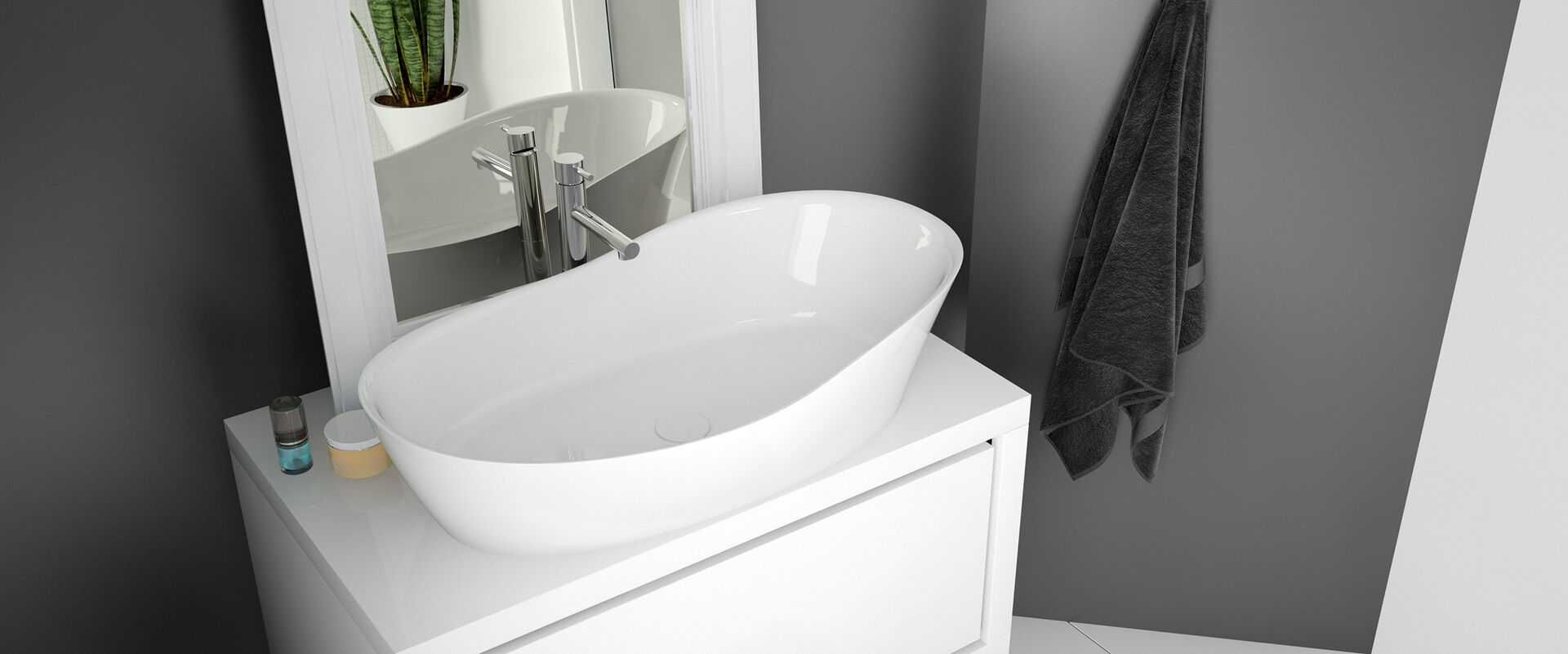Elegant geschwungenes weißes Waschbecken Namur von Hoesch. Es steht auf einen Waschtisch, dahinter befindet sich ein Spiegel. An der Grauen Wand hängt ein graues Handtuch.
