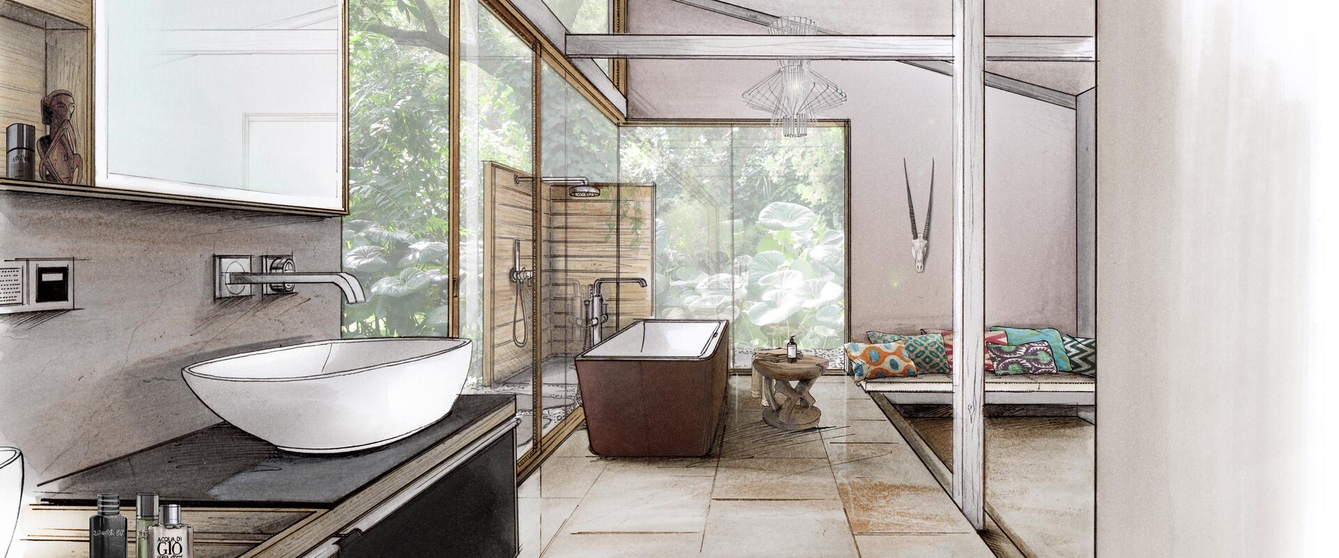 Badplanungszeichnung in afrikanischem Stil mit Zebrafell, freistehender Badewanne und Waschplatz mit Aufsatzwaschbecken.