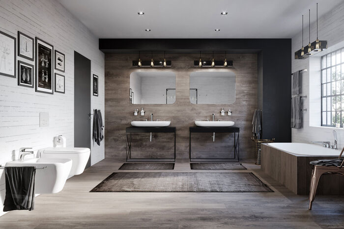 Badezimmermilieu mit Design Badarmaturen von Kludi Ameo für Waschtisch, Badewanne und Bidet.