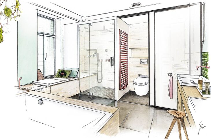 Weitere Planungsansicht des Bades Gesundheit und Fitness von Stephan Pöppelmann mit Blick in das integrierte, separate WC. 