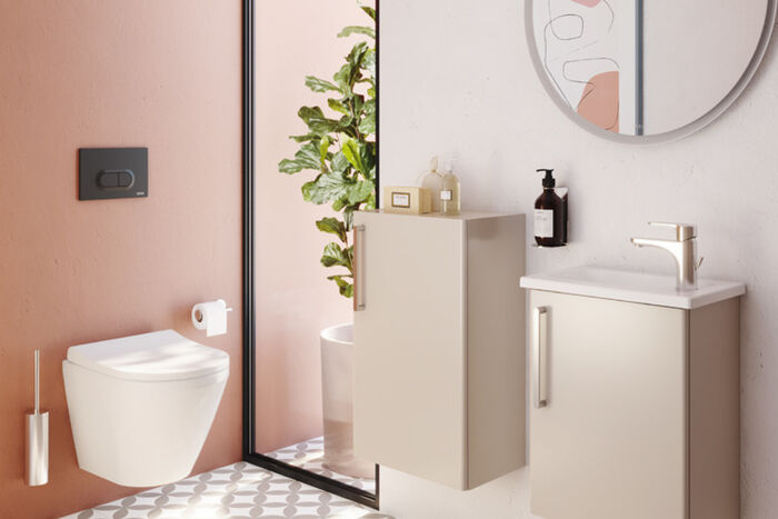 Badserie Root von Vitra in beige mit passendem WC.