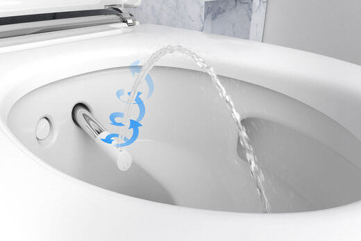 Demonstration des Reinigungs-Wasserstrahls mit Whirlspray-Funktion beim Dusch-WC-AquaClean Mera von Geberit. Das Wasser wird mit Luft intelligent verwirbelt. 