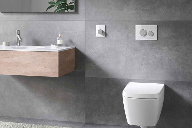 Eleganter Regler für die Heizung an grauer Wand zwischen Waschbecken und Toilette.