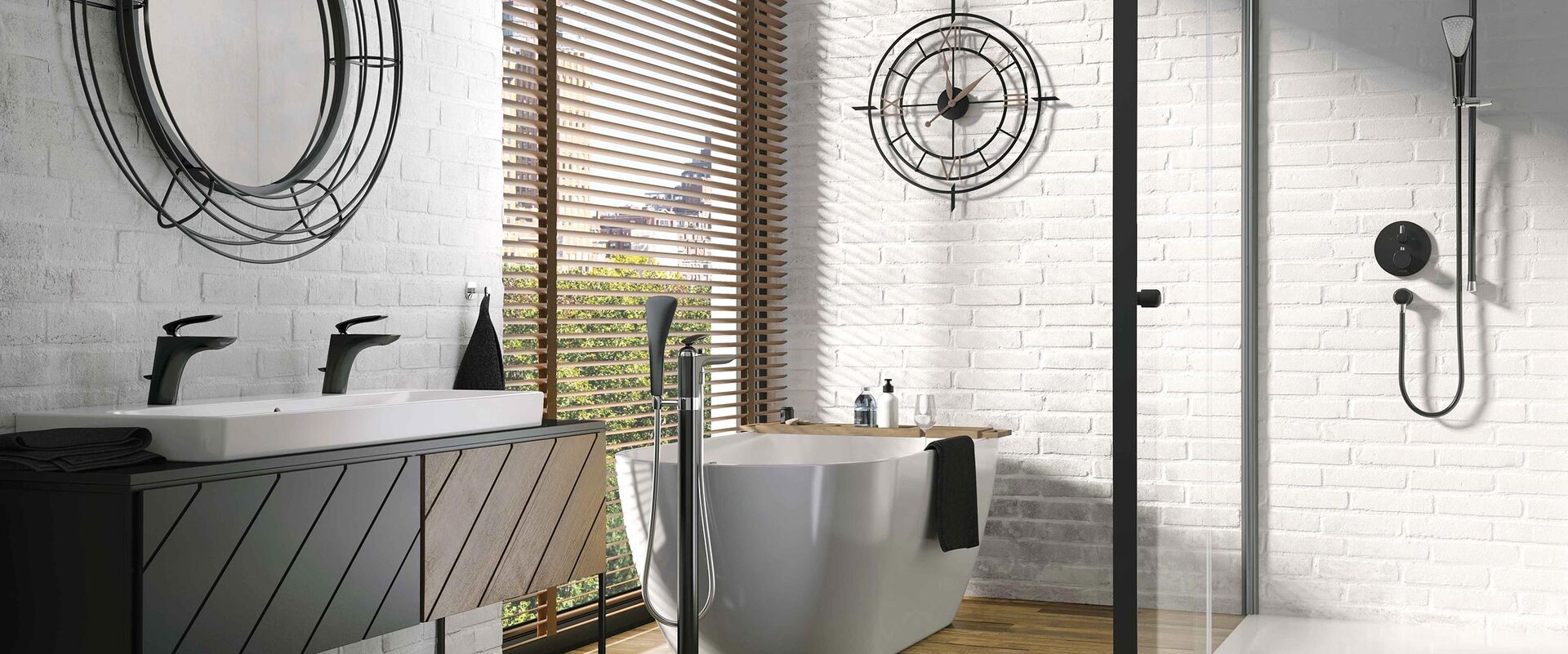 Modernes Badezimmer von Kludi, das mit der Armaturenlinie Balance Black ausgestattet wurde. Die matt-schwarze Oberfläche der Armaturen harmoniert optimal mit Spiegel und der Dekoration im Bad.