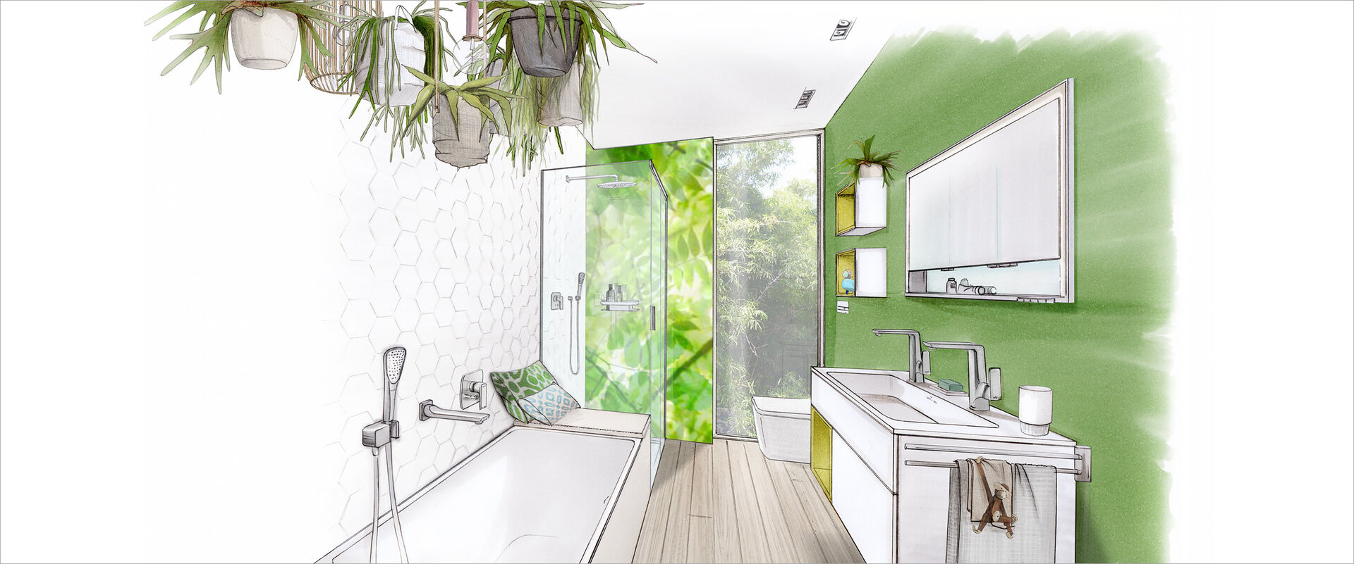 Komplettes Badezimmer als Badplanungszeichnung für eine Familie. Helle Badmöbel, Dusche, Badewanne, Toilette und ein Doppelwaschbecken.