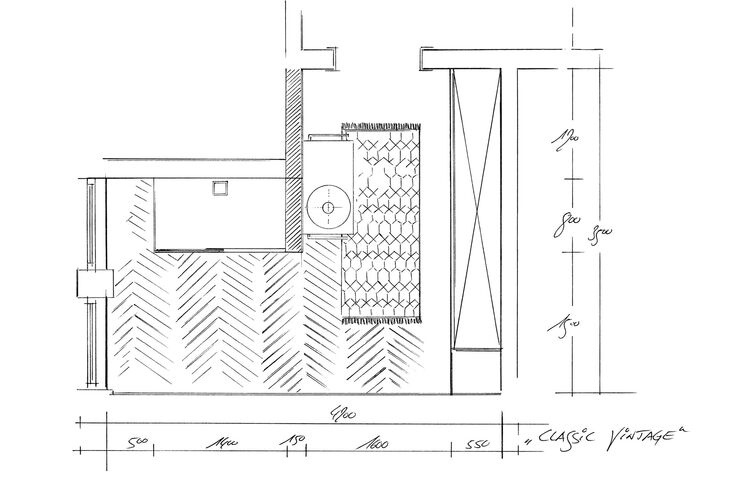 Grundriss-Skizze eines Altbaubades mit Parkett und klassischen Fenstern von Stephan Pöppelmann für Hüppe.