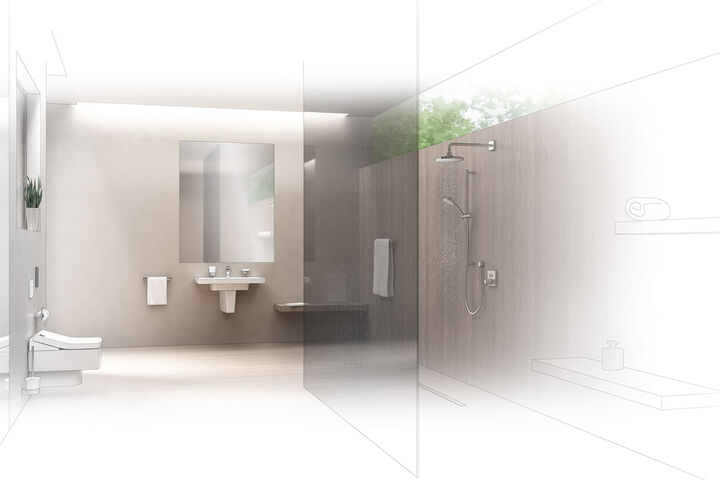 Das Konzeptbad "keine Kompromisse" von Toto Europe umfasst Waschtisch, Duschbereich und Dusch-WC barrierefrei zusammengestellt.