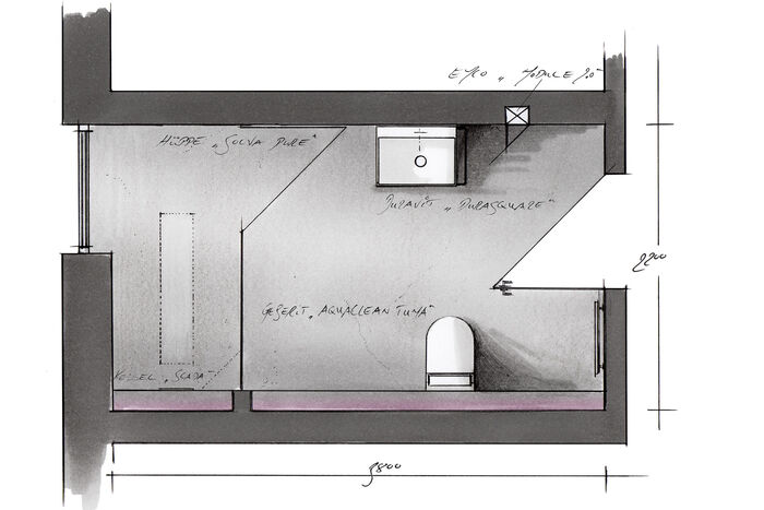 Grundriss Badplanung männliches Badezimmer.