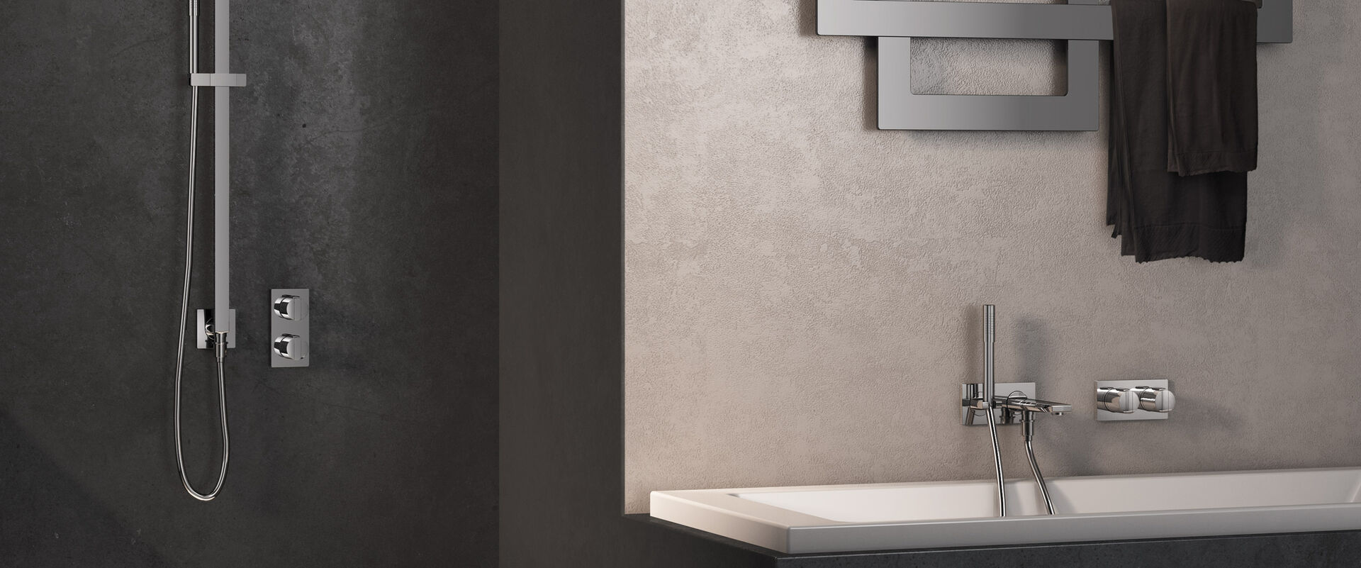 Ideal Standard Archimodule Badezimmer, in dem sowohl an Waschbecken, als auch an Dusche Ideal Standard Archimodule Badarmaturen installiert sind.