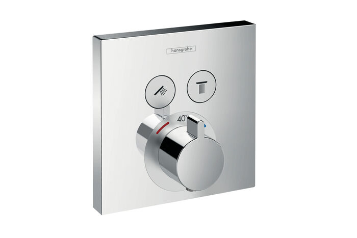 Rechteckiges Shower Select Thermostat von hansgrohe. Im oberen Bereich befinden sich zwei Auswahlknöpfe, im unteren Bereich liegt der Temperaturregler.