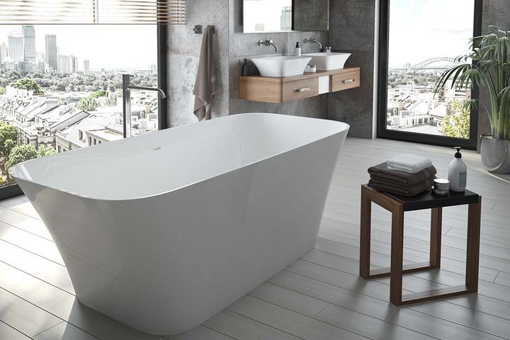 Moderne freistehende Badewanne von Hoesch aus der Serie Leros, die aus Solique Mineralguss edel in Form gesetzt wurde.