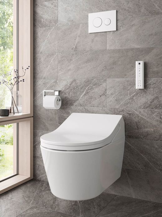 Moderne WC-Szenerie am Fenster mit grauen Fliesen. Das wandhängende Dusch-WC Washlet RX von TOTO ist mit Fernbedienung ausgestattet.
