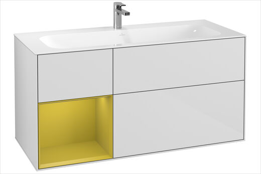 Villeroy & Boch Finion Grosses Einbauwaschbecken mit Badmöbel in weiß und farbigem offenen Kubus als Stauraum.