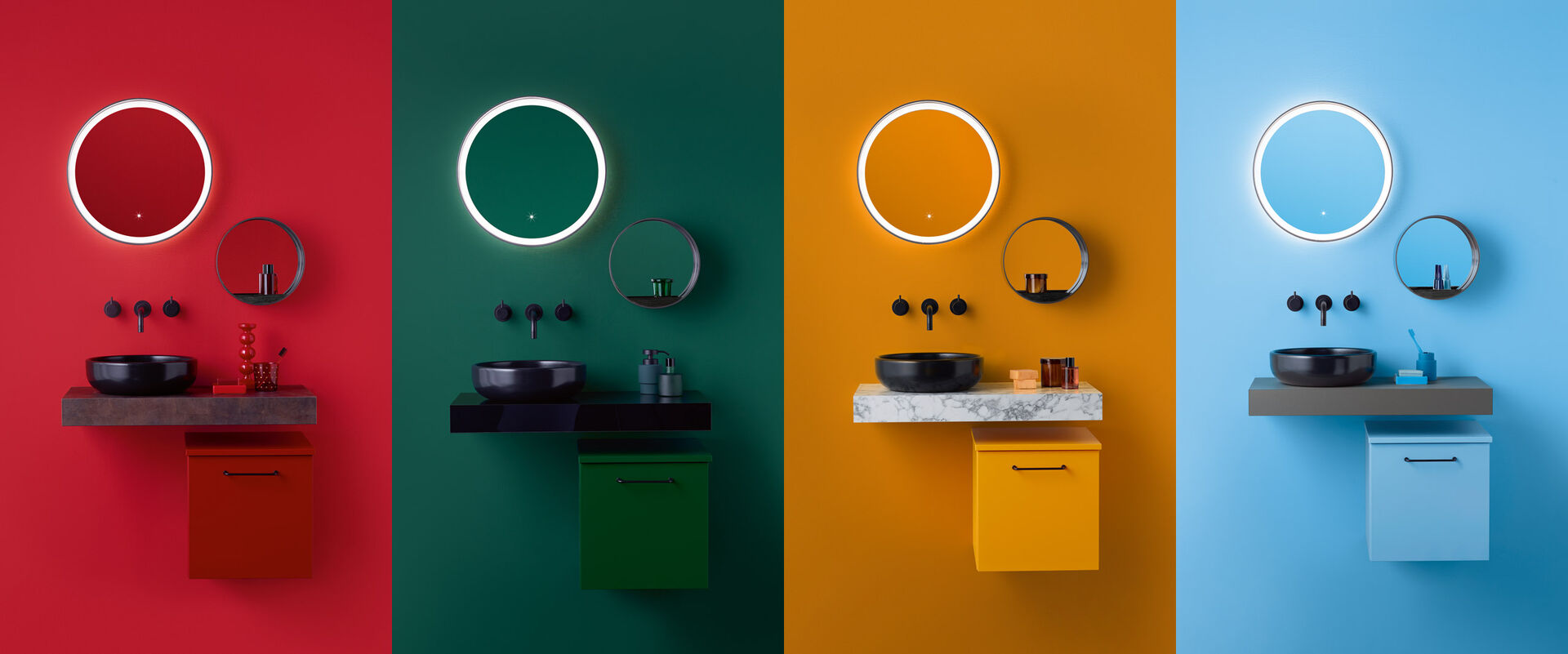 Bildcollage aus 4 gleichen Mini-Waschplätzen mit Badmöbeln Sys30 von burgbad in rot, grün, orange und blau nebeneinander gestellt.