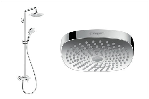 hansgrohe Croma Select Links ist das Duschsystem von hansgrohe aus der Reihe Croma Select zu erkennen, bestehend aus Armaturen, Hand und Kopfbrause. Rechts ist eine Nahaufnahme der Kopfbrause zu erkennen.