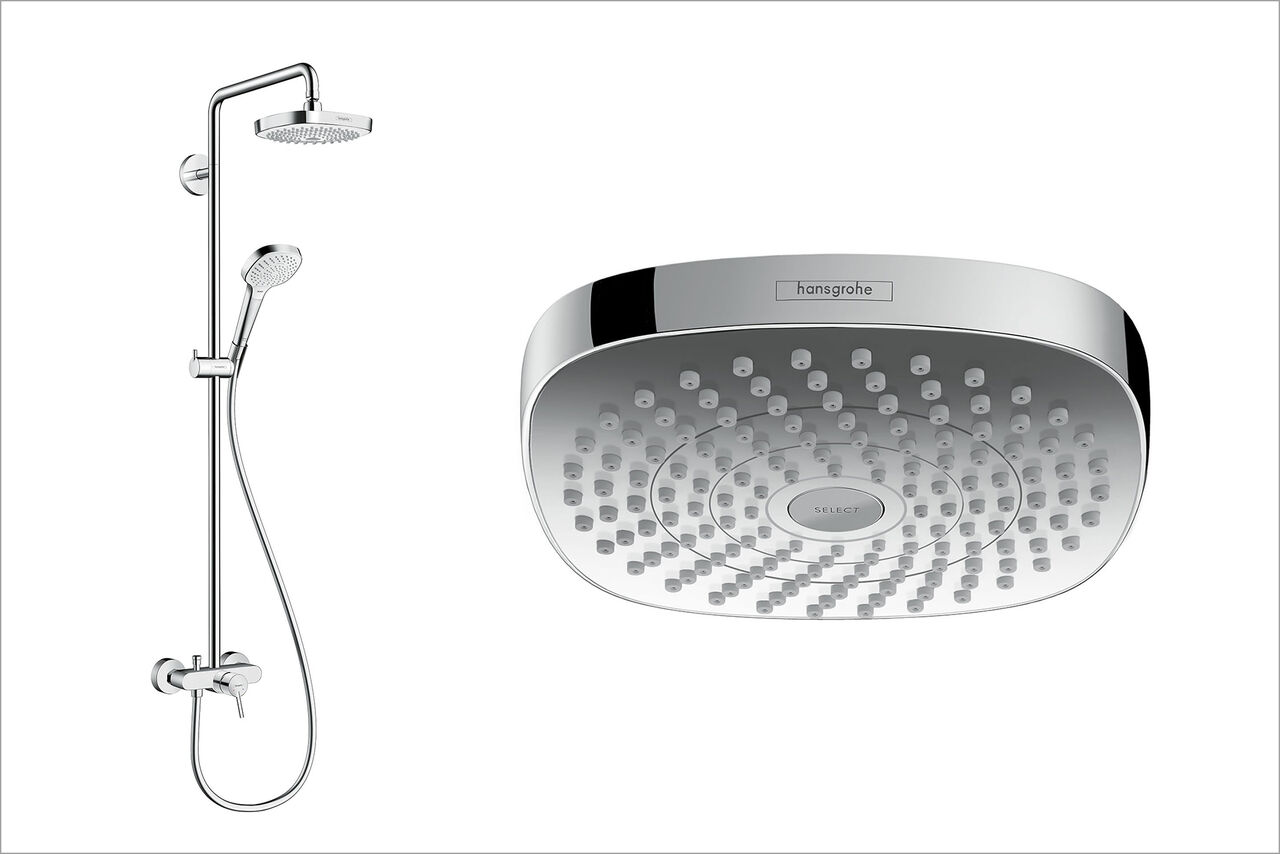 Links ist das Duschsystem von hansgrohe aus der Reihe Croma Select zu erkennen, bestehend aus Armaturen, Hand und Kopfbrause. Rechts ist eine Nahaufnahme der Kopfbrause zu erkennen.