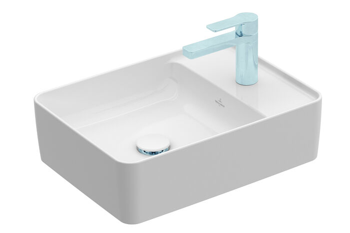 Kleines Collaro Waschbecken Collaro in rechteckig mit Anschlussmöglichkeit für eine Waschtisch-Armatur entweder links oder rechts (Abb.).