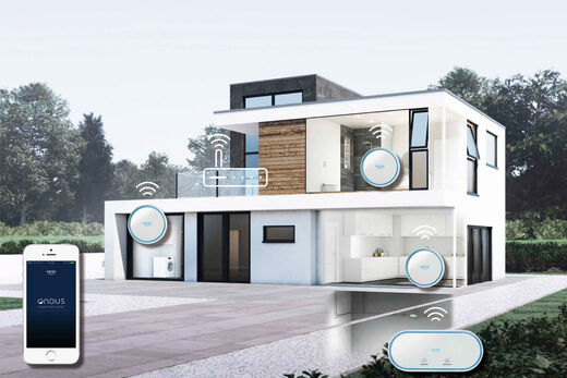 GROHE Sense Guard Darstellung eines Hauses mit Sensoren, die mittels APP warnen.