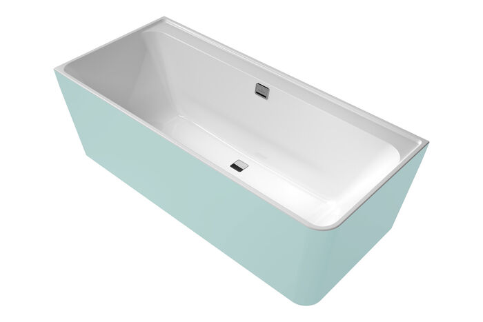 Acryl-Badewanne Collaro mit pastellfarbener, blauer Wannenverkleidung, die auch in anderen Farben erhältlich ist. Villeroy & Boch bietet sogar eigene Wunschfarben an.