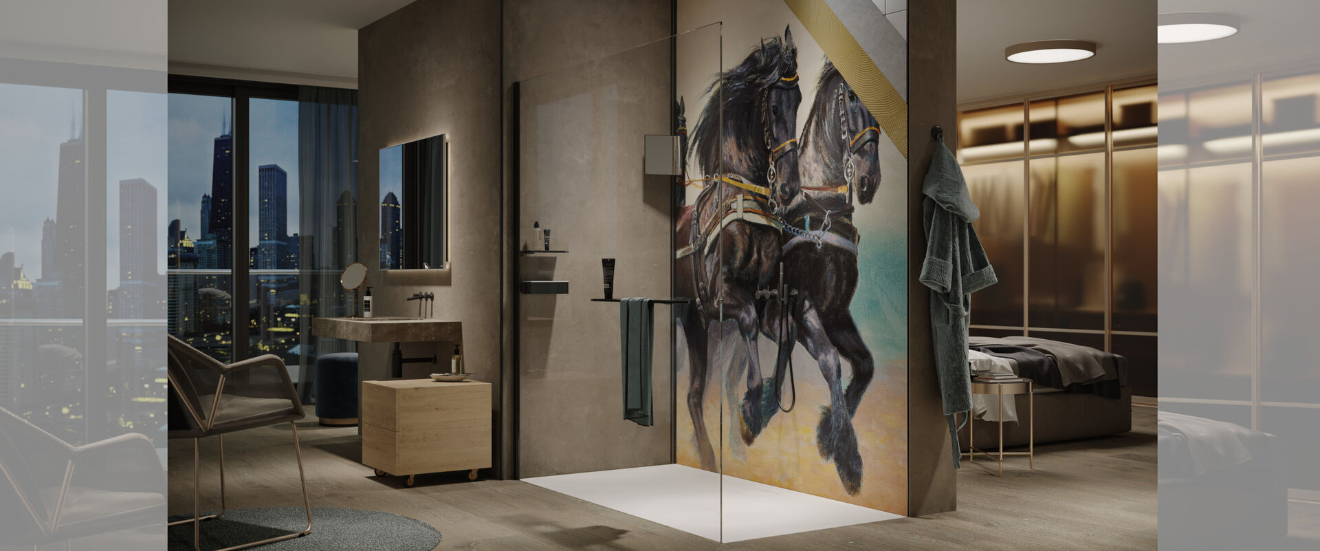 Edeles, großes Badezimmer mit einer weiträumigen Dusche mit schwarzen Elementen und der HÜPPE EasyStyle Wandverkleidung, hier das Motiv aus der Print on Demand Kollektion mit zwei großen, schwarzen Pferden.