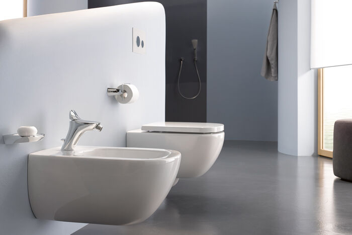 Design Armatur am Bidet montiert, Daneben eine Toilette.