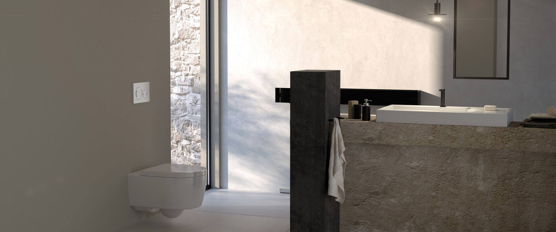 WC-Bereich in einem hellen natursteinfarbenen Badezimmer. Die Toilette wird mit einer Sigma20 Betätigungsplatte bedient, die mit einer easy-to-clean-Beschichtung versehen ist.