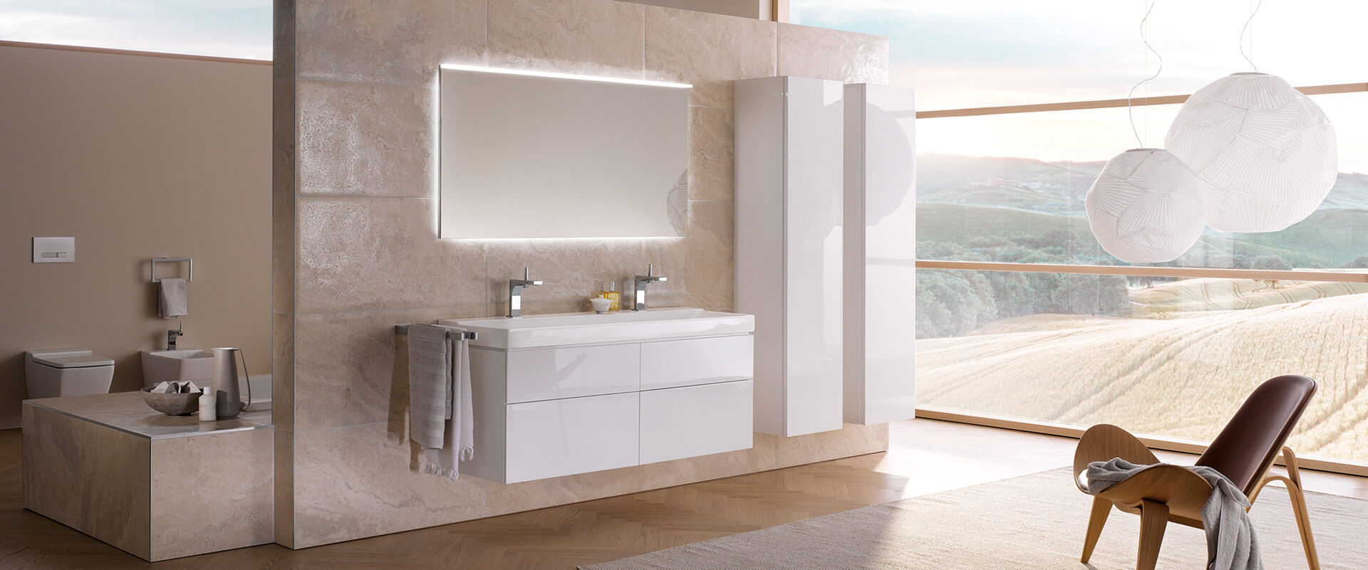 Großes Designer-Badezimmer lichtdurchflutet mit Blick auf ein Kornfeld: Geberit Xeno2 präsentiert Wannenbereich und im Vordergrund Doppelwaschtisch.
