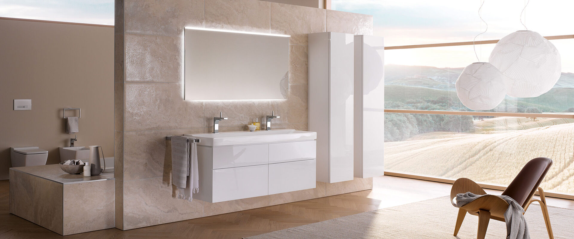 Geberit Xeno² Großes Designer-Badezimmer lichtdurchflutet mit Blick auf ein Kornfeld: Geberit Xeno2 präsentiert Wannenbereich und im Vordergrund Doppelwaschtisch.
