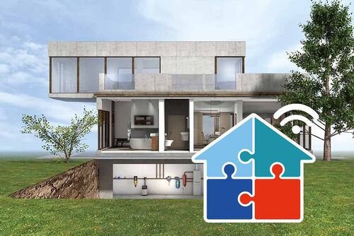 Das SYR-Haus, in das man von außen hineinschauen kann und ein Icon zur Verdeutlichung einer Haus-Funkverbindung. 