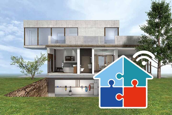 Das SYR-Haus, in das man von außen hineinschauen kann und ein Icon zur Verdeutlichung einer Haus-Funkverbindung.