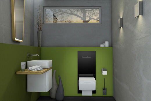 Das TECElux WC-Terminal von TECE bietet als neues Sanitärmodul vielfältige Anschlussmöglichkeiten für WC und Dusch-WCs mit Vorwand. Gästebad mit grüner Wand und schwarzem WC-Terminal. 