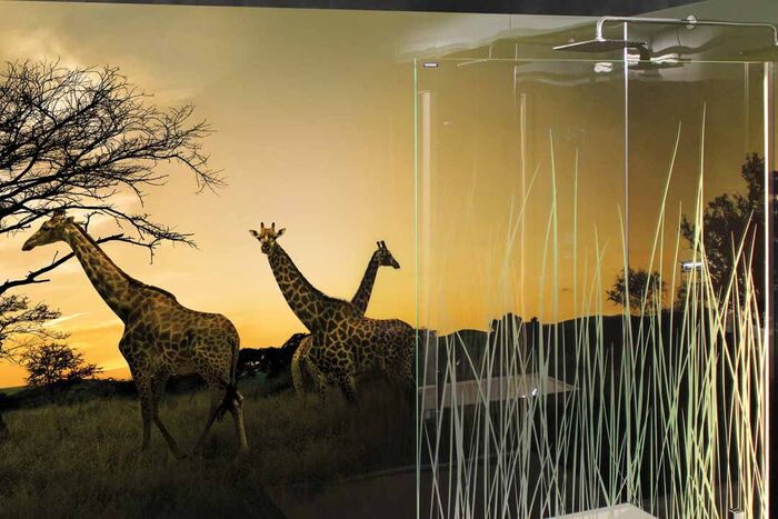 Dusche, in der eine Duscholux PanElle Enlight Wandverkleidung montiert ist. Die Wandverkleidung zeigt Giraffen und ist beleuchtet.