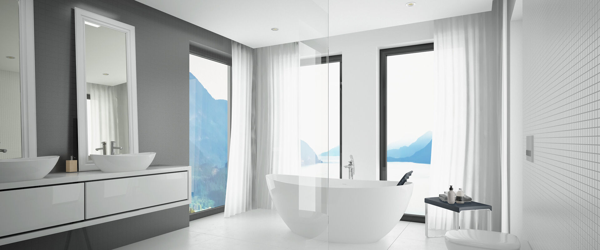 Lichtdurchflutetes Badezimmer in weiß und grau mit Waschbecken-Kombination und Freistehwanne aus der Kollektion Hoesch Namur.