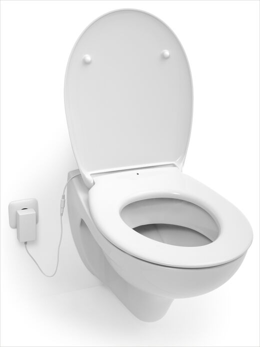 Innovativer WC-Sitz CosySeat mit eingebauter Heizung von HARO®. Abbildung zeigt Sitz auf WC montiert mit Stromanschluss in eine separate Steckdose.