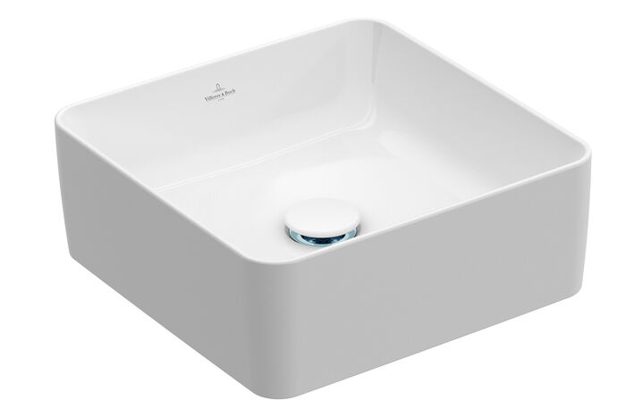 Collaro Aufsatz-Waschbecken freistehend auf dem Waschtisch platzierter von Villeroy & Boch in quadratischer Form.