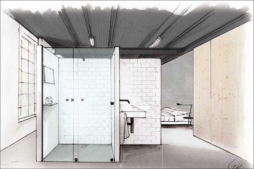Anschauliche Zeichnung eines Single-Badezimmers mit Dusche, Waschplatz und angrenzendem Schlafzimmer - von Hüppe.