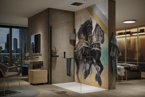 HÜPPE Wandverkleidung Print on Demand mit zwei schwarzen Pferden in einem großen Badezimmer 