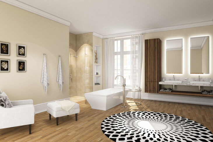 GROHE Grandera™ Badezimmer weiss mit Holzboden. Badarmaturen für Dusche, Waschbecken und Badewanne.