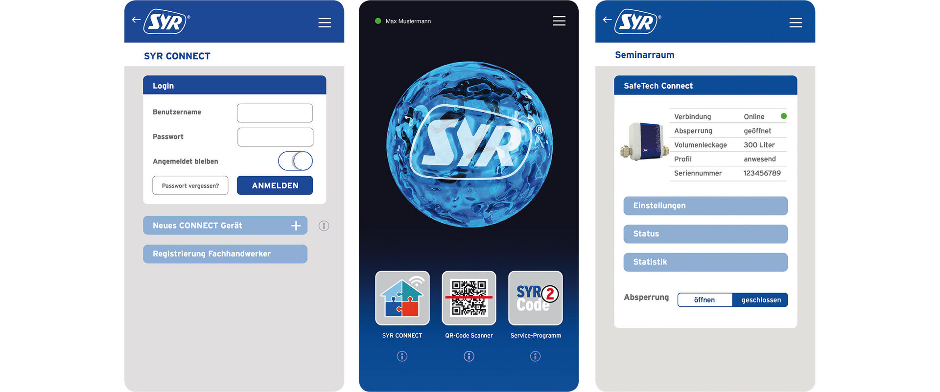 SYR App Drei Bildschirmfotos aus der SYR Connect App, der smarten Steuerung für die Hauswasseranlage.