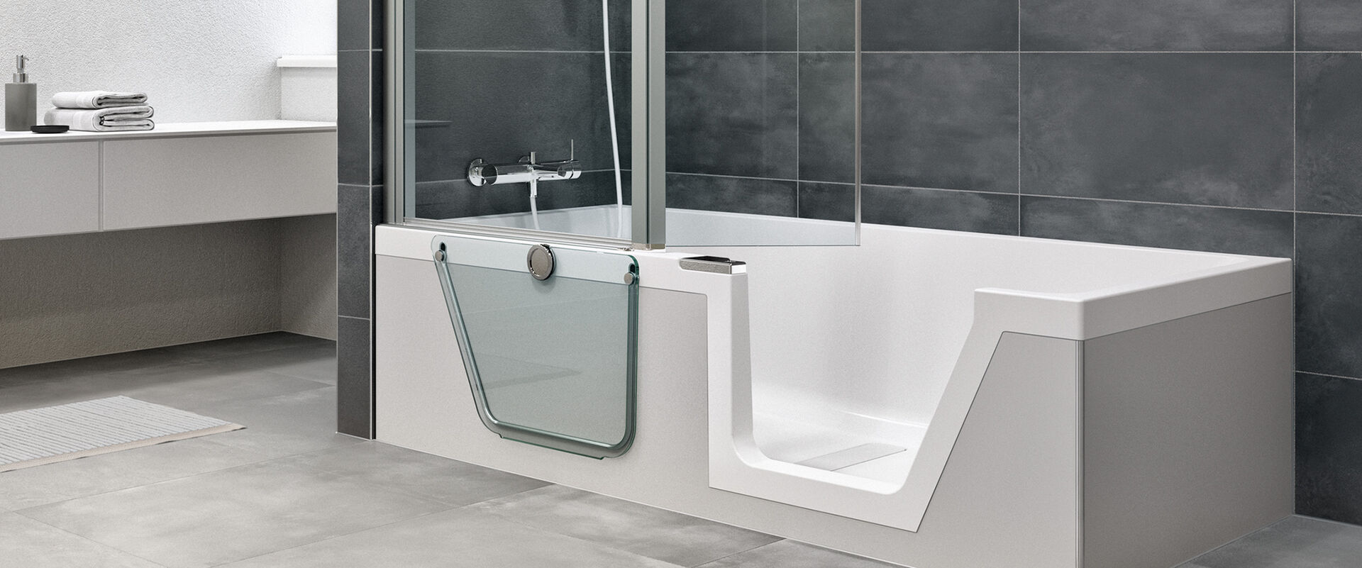 Barrierefreie Einbau-Badewanne mit Einstieg und Duschabtrennung von Duscholux Step-In Pure..