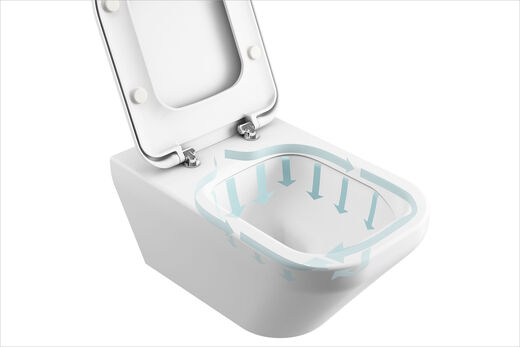 Schematische Darstellung der innovativen Spültechnik AquaBlade von Ideal Standard mit Pfeilen im WC-Becken, die den Wasserverlauf darstellen. 