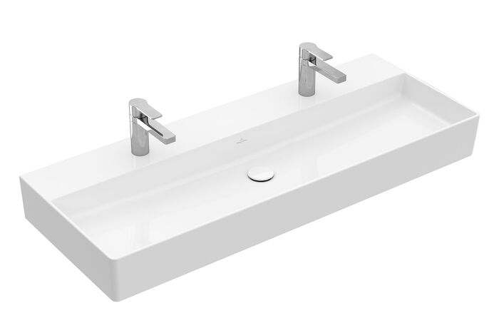 Langes Waschbecken aus der Memento 2.0 Kollektion von Villeroy & Boch erlaubt eine Doppelwaschtischlösung. In verschiedenen Farben erhältlich, hier in weiß.