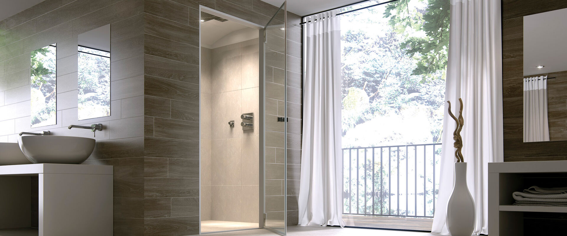 Innovative Schädel Dampfdusche. Rechts befindet sich ein Fenster, Rechts ein Waschtisch mit Waschbecken und Spiegel.