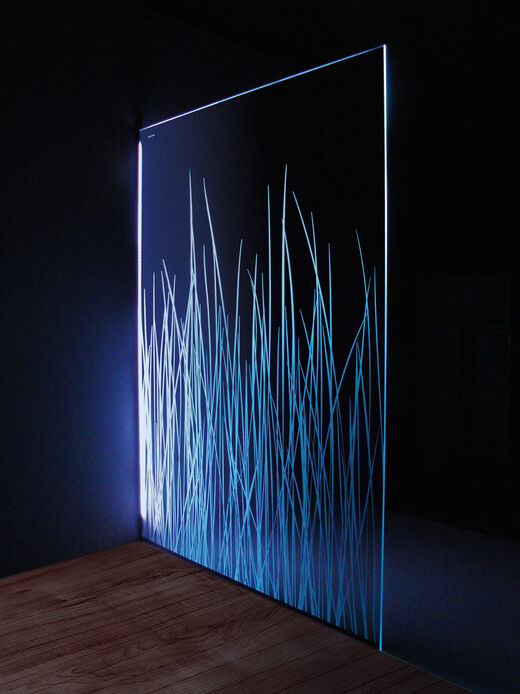 Lichtdekor Gräser beleuchtet in blau. Duschabtrennung aus Glas.