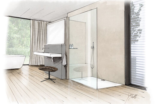 Farbige Planungszeichnung von Hüppe mit einem Badausschnitt aus Dusche bodeneben und offen und einem Waschplatz mit Designersessel.