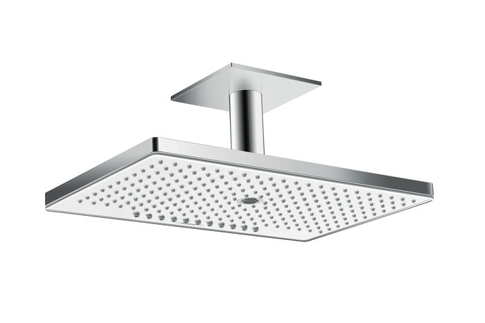 Hansgrohe RainmakerSelect Kopfbrause in silber und weiß, die an der Badezimmerdecke befestigt werden kann.