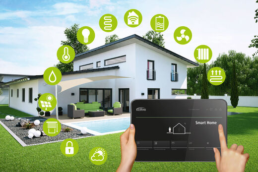 Kermi Lösungen fürs ganze Haus Mit dem Kermi System x-optimiert werden alle Haustechnik-Komponenten optimal vernetzt und sind flexibel auch mobil steuerbar. Collage mit Haus, Icons für verschiedene Komponenten und Tablet mit geöffneter Bedienoberfläche.