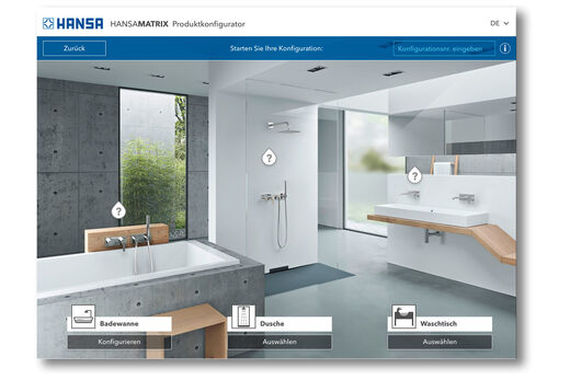 HANSAMATRIX Konfigurator Arbeitsplattform Hansamatrix Konfigurator bietet die Möglichkeit, online Armaturen der Marke Hansa im Raum optimal und rasterbasiert auf die Hansa Installationssysteme zu planen.