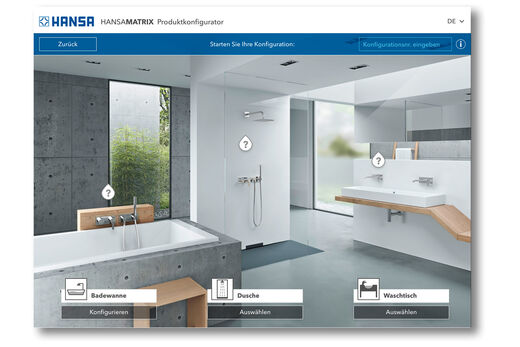 Arbeitsplattform Hansamatrix Konfigurator bietet die Möglichkeit, online Armaturen der Marke Hansa im Raum optimal und rasterbasiert auf die Hansa Installationssysteme zu planen.